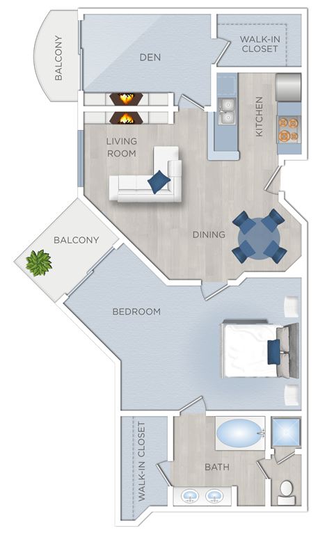 Floor plan for 1 bed, 1 bath, 899 sqft